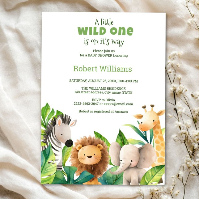 Invitación a la ducha de bebé con acuarela animal  (Safari wild one baby shower invitation )