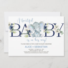 Invitación a la ducha de bebé con flores azul elef