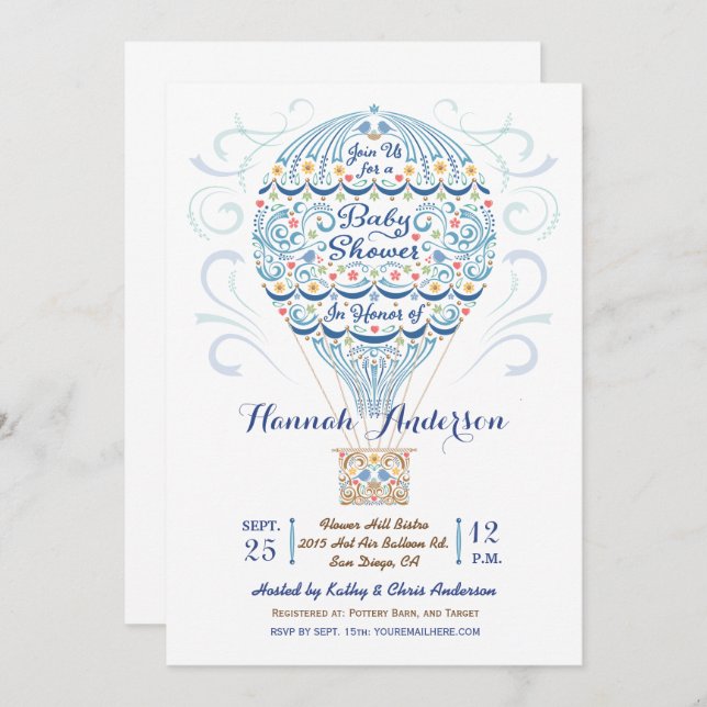 Invitación a la ducha de bebé con globo aerostátic (Anverso / Reverso)