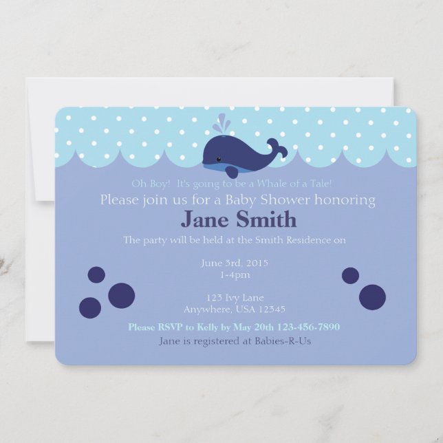 Invitación a la ducha de bebé con tema de ballena  (Anverso)