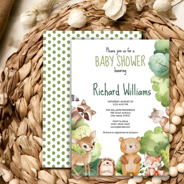 Invitación a la ducha de bebé de animales de bosqu (Cute watercolor forest animals baby shower invitation gender neutral, woodland green, bear, deer)
