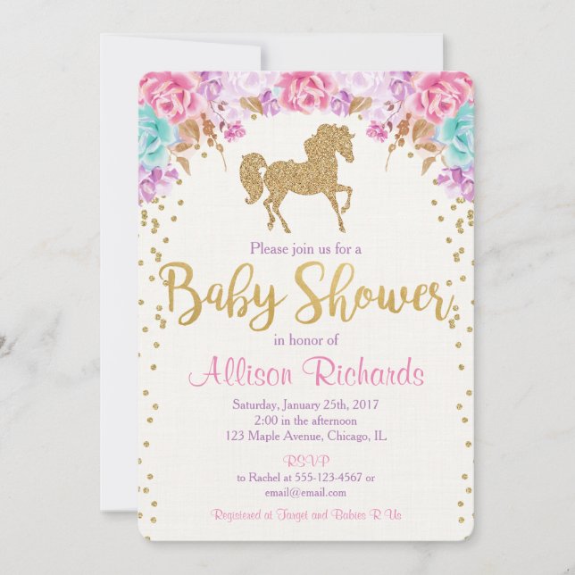 Invitación a la ducha de bebé de caballo rosa y or (Anverso)