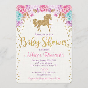 Invitación a la ducha de bebé de caballo rosa y or