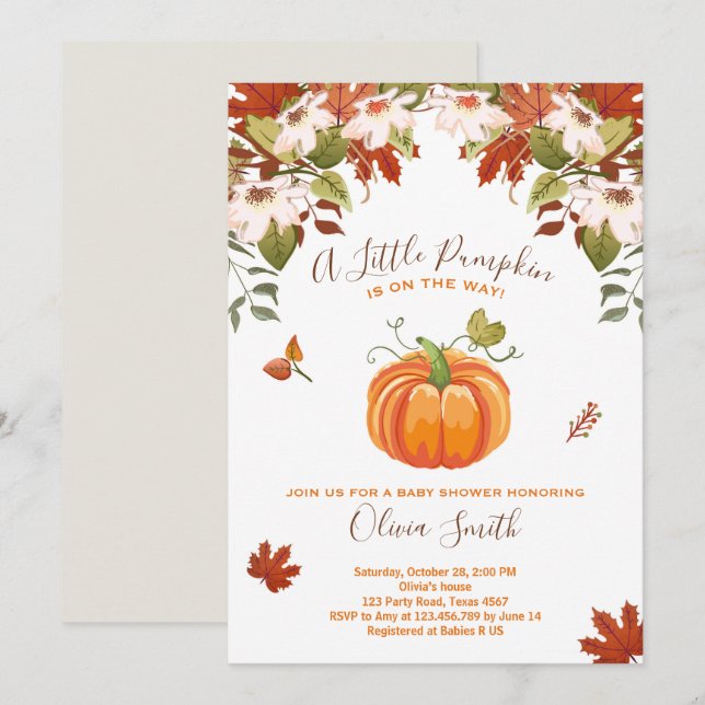 Invitación a la ducha de bebé de calabaza otoño ot (Anverso / Reverso)