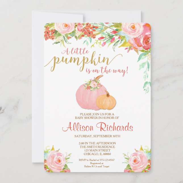 invitación a la ducha de bebé, de calabaza rosa y  (Anverso)