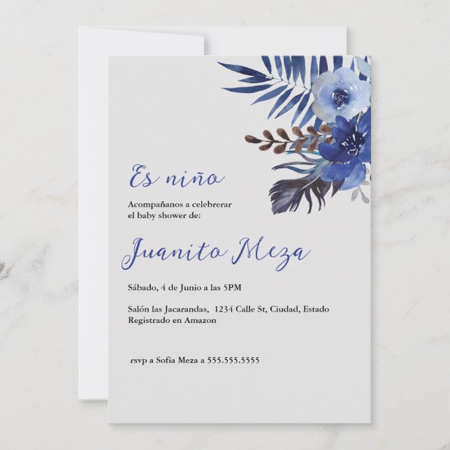 Invitación a la ducha de bebé de color azul (Anverso)