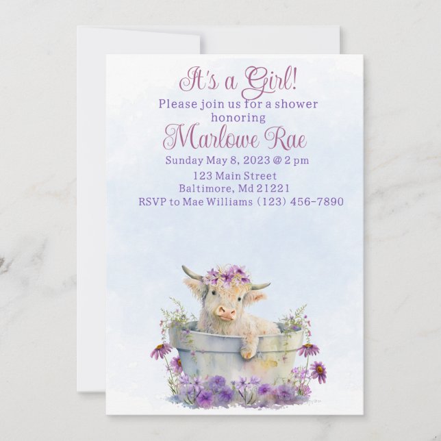 Invitación a la ducha de bebé de Cuple Purple High (Anverso)