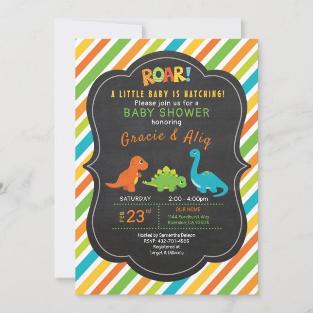 invitación a la ducha de bebé de dinosaurios (Anverso)