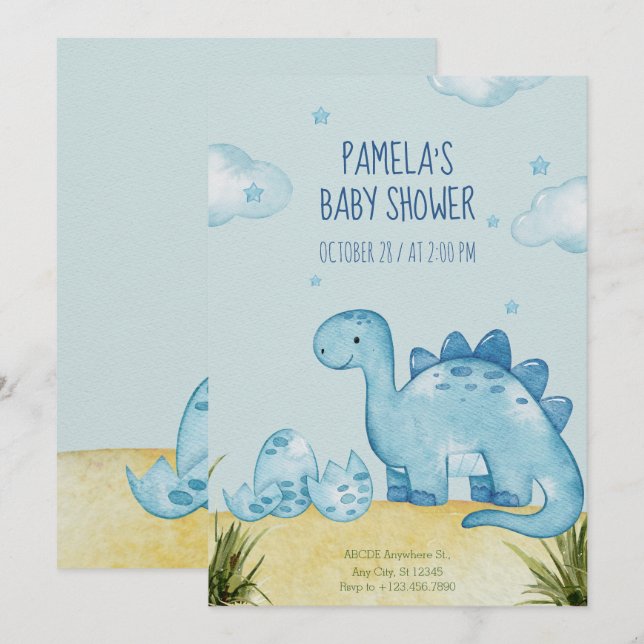 Invitación a la ducha de bebé de dinosaurios azule (Anverso / Reverso)