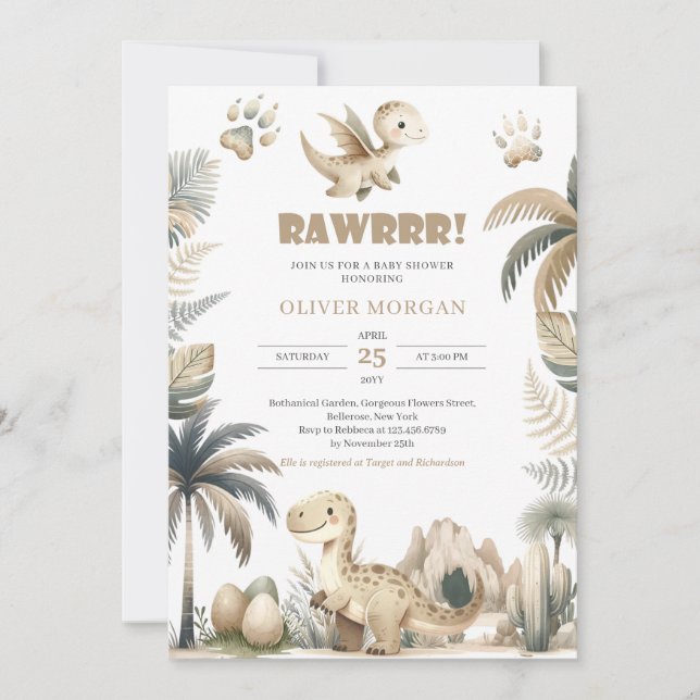 Invitación a la ducha de bebé de dinosaurios neutr (Anverso)