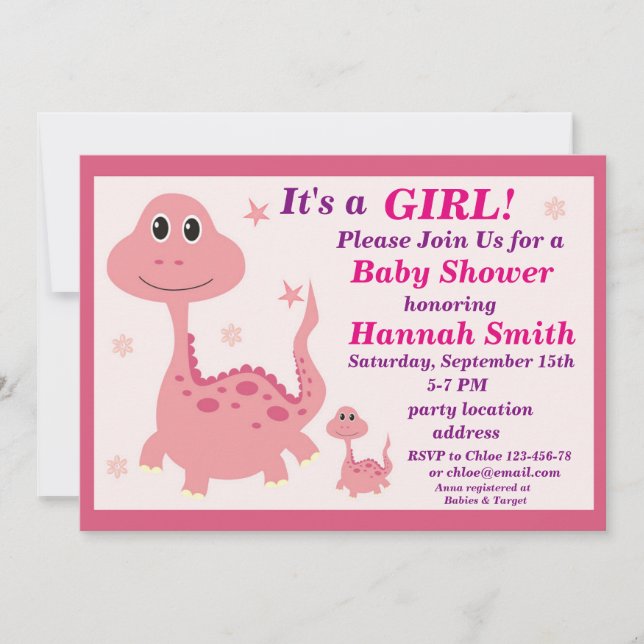 Invitación a la ducha de bebé de dinosaurios rosad (Anverso)