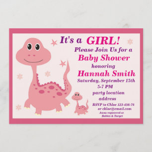 Invitación a la ducha de bebé de dinosaurios rosad
