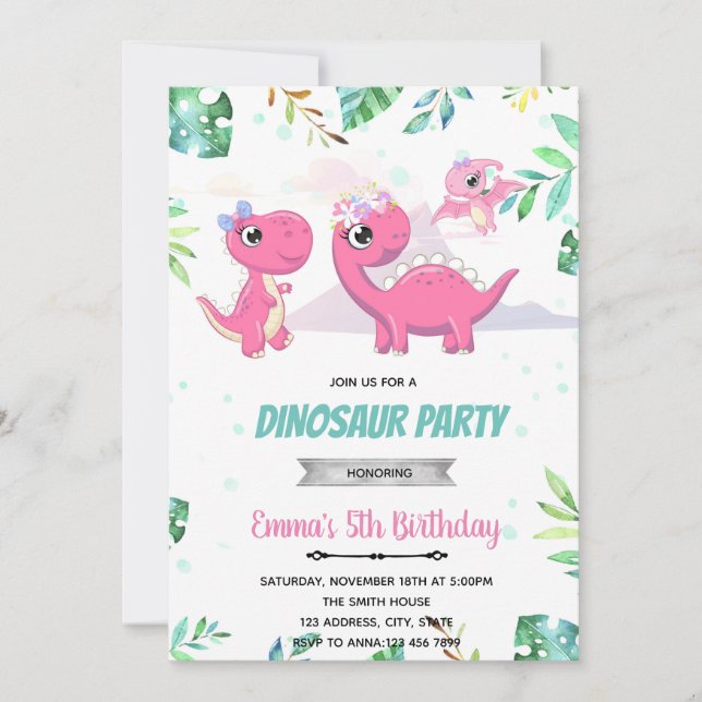 Invitación a la ducha de bebé de Dinosaurios rosad (Anverso)