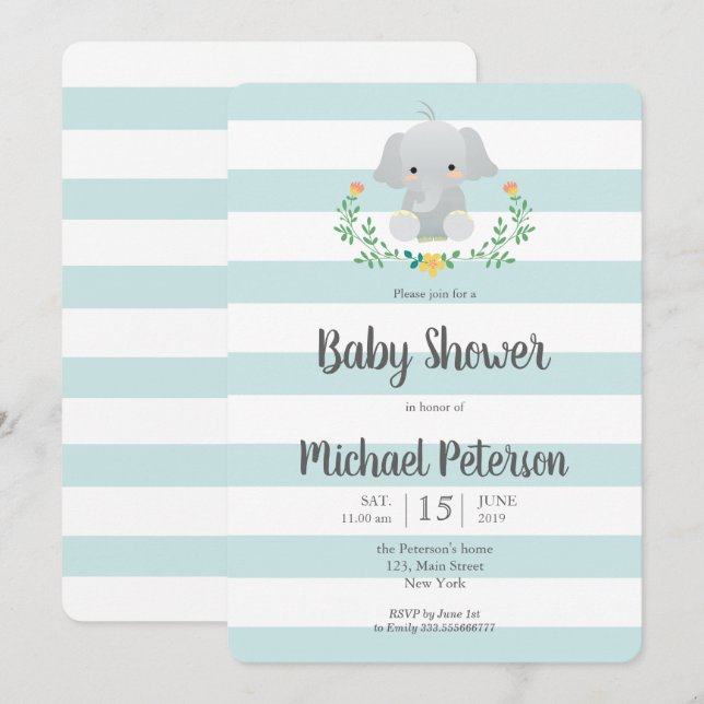 Invitación a la ducha de bebé de elefante lindo (Anverso / Reverso)