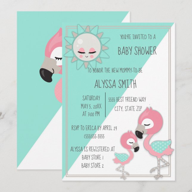 Invitación a la ducha de bebé de flamenco rosa ver (Anverso / Reverso)
