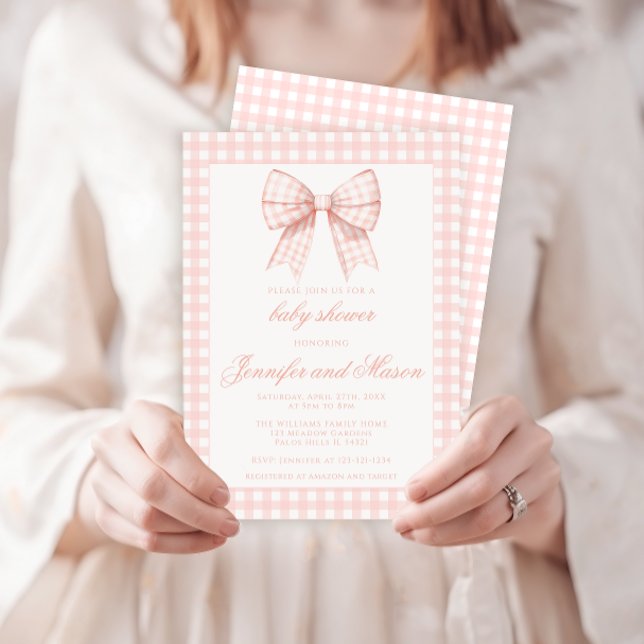 Invitación a la ducha de bebé de gingham con arco  (Subido por el creador)