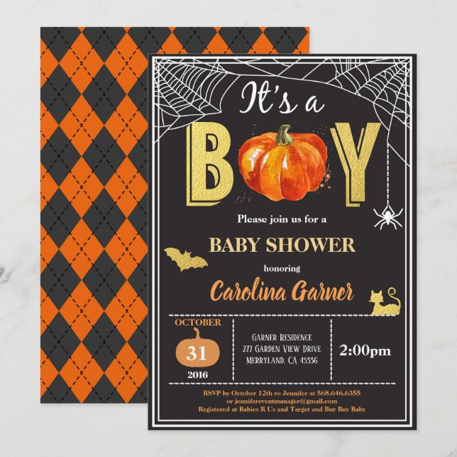 Invitación a la ducha de bebé de Halloween. Oro ne (Anverso / Reverso)