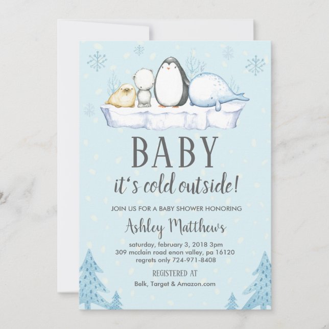 invitación a la ducha de bebé de invierno, artico  (Anverso)
