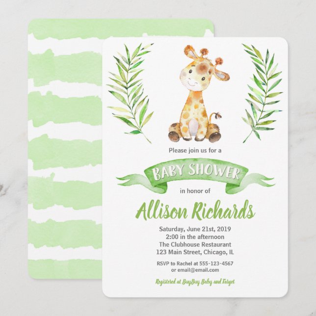 Invitación a la ducha de bebé de jirafa neutra de  (Anverso / Reverso)