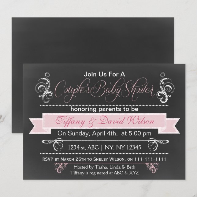 Invitación a la ducha de bebé de la pareja rosa de (Anverso / Reverso)