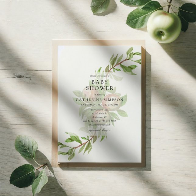 Invitación a la ducha de bebé de manzanas acuática (apple orchard baby shower invitation. Watercolor apples arranged in a curve.)