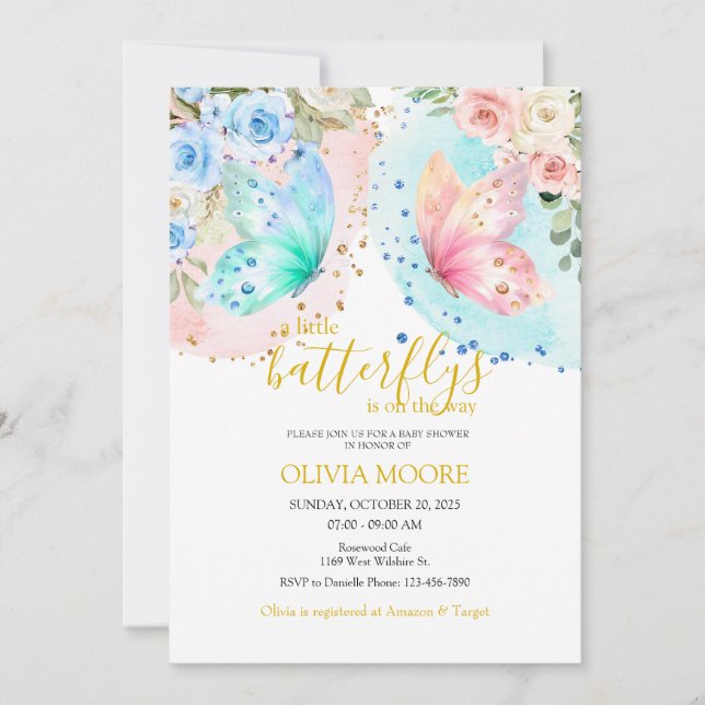 Invitación a la ducha de bebé de mellizos mariposo (Anverso)