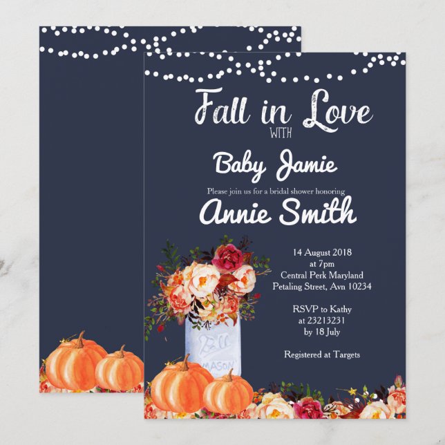 Invitación a la ducha de bebé de Navy Blue Pumpkin (Anverso / Reverso)