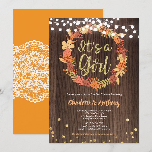 Invitación a la ducha de bebé de niña de otoño es  (Anverso / Reverso)