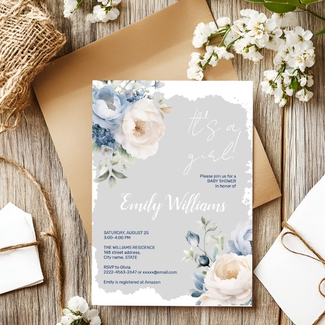 Invitación a la ducha de bebé de peonatos azules y (Blue and white roses and peonies floral watercolor baby shower invitation )