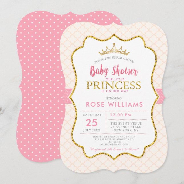 Invitación a la ducha de bebé de princesa rosa rea (Anverso / Reverso)