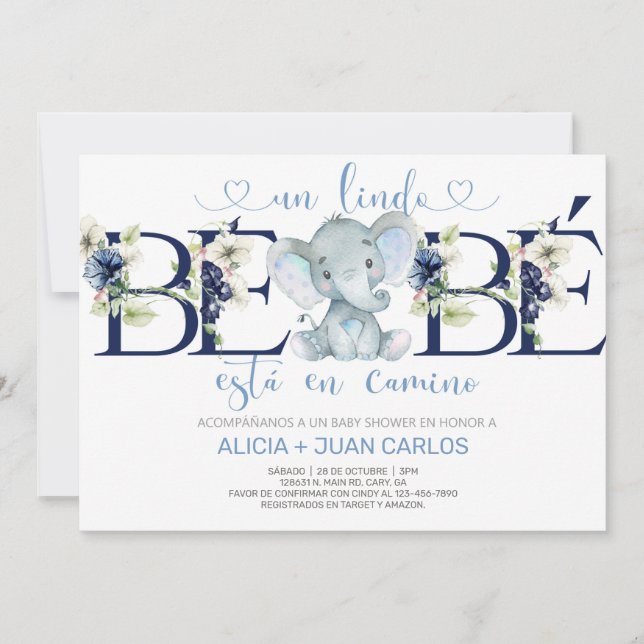 Invitación a la ducha de bebé de un elefante, espa (Anverso)