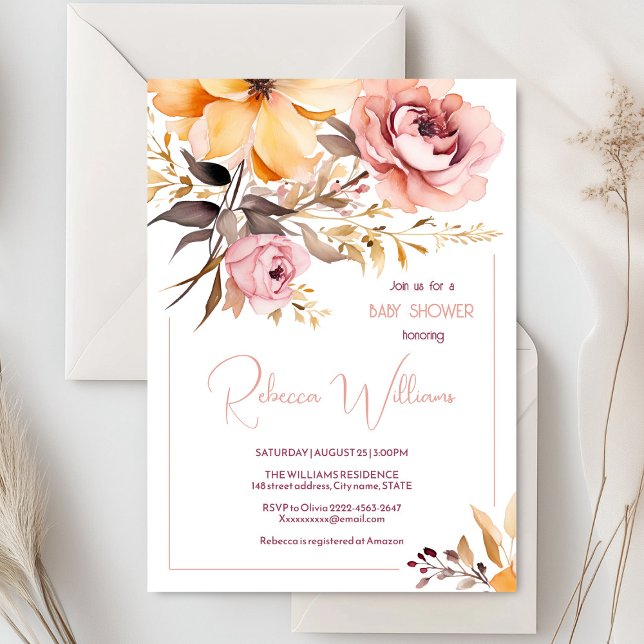 Invitación a la ducha de bebé de una chica rosa co (Dusty pink peonies watercolor baby shower invitation)