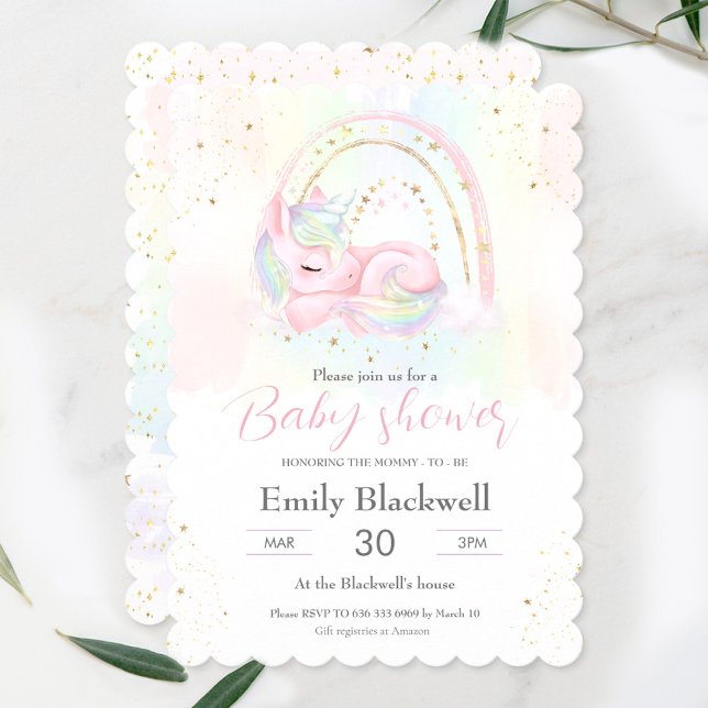 Invitación a la ducha de bebé de unicornio (Baby shower invitation with a cute pastel unicorn and rainbow)
