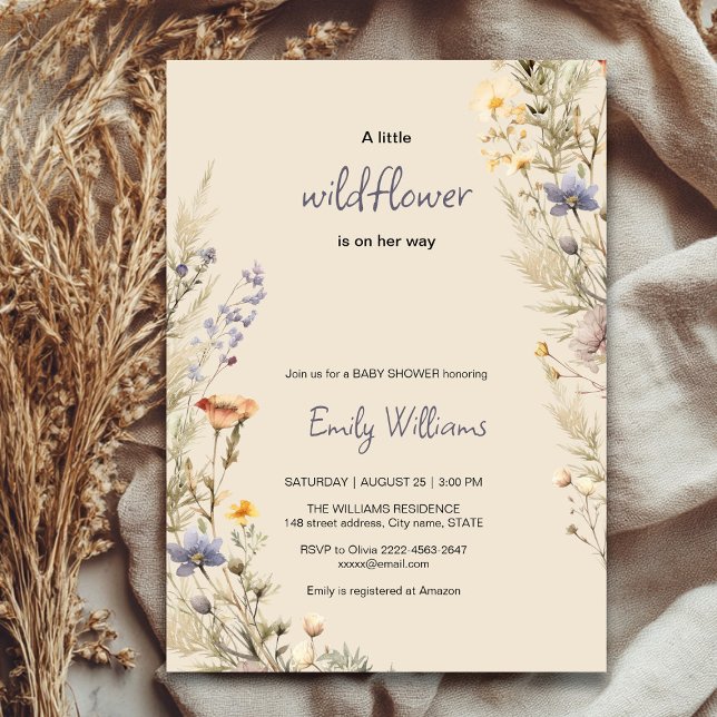 Invitación a la ducha de bebé de Wilflower meadow (A little wildflower elegant rustic boho watercolor baby shower invitation, baby in bloom)