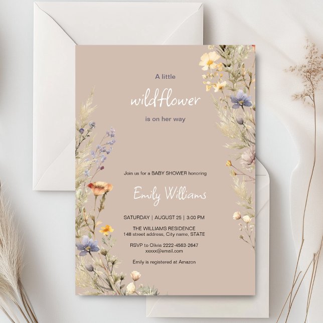 Invitación a la ducha de bebé de Wilflower meadow (A little wildflower elegant rustic boho watercolor baby shower invitation, baby in bloom)