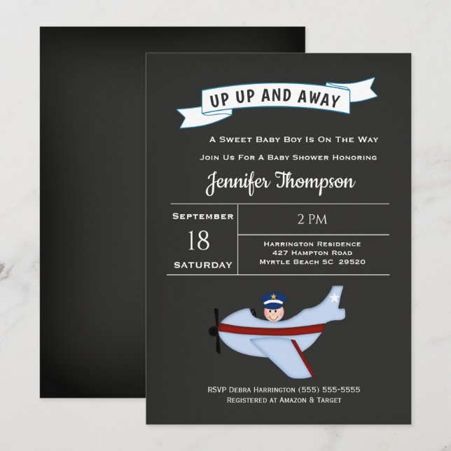 Invitación a la ducha de bebé del piloto del avión (Anverso / Reverso)