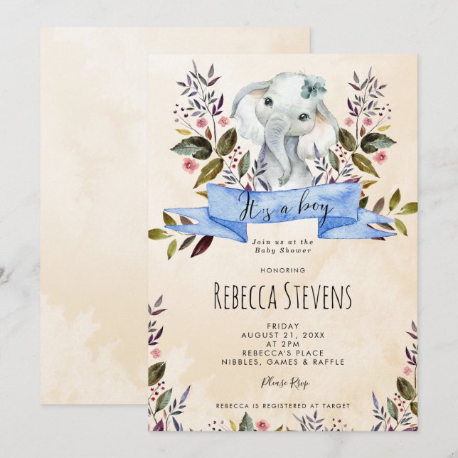 Invitación a la ducha de bebé elefante floral (Anverso / Reverso)