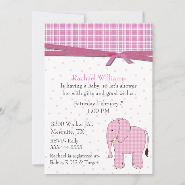 Invitación a la ducha de bebé elefante rosa (Anverso)