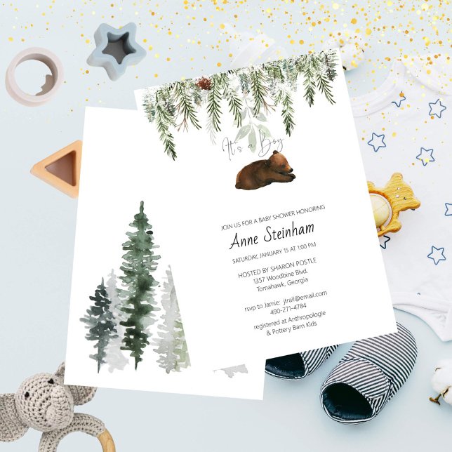 Invitación a la ducha de bebé en temporada de invi (Simple Forest Baby Bear for a Boy's Baby Shower.)