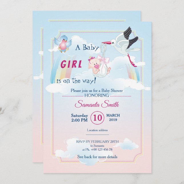 invitación a la ducha de bebé, es un chica (Anverso / Reverso)