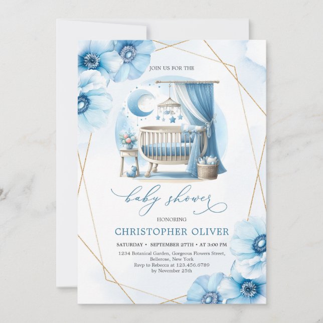 Invitación a la ducha de bebé Floral Boy con cuna  (Anverso)