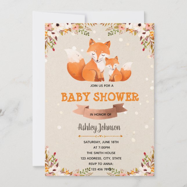 Invitación a la ducha de bebé floral Fox (Anverso)