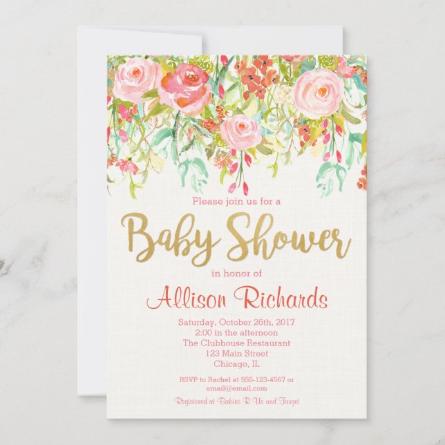 Invitación a la ducha de bebé florida (Anverso)