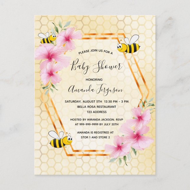 Invitación a la ducha de bebé florida de abeja de  (Anverso)