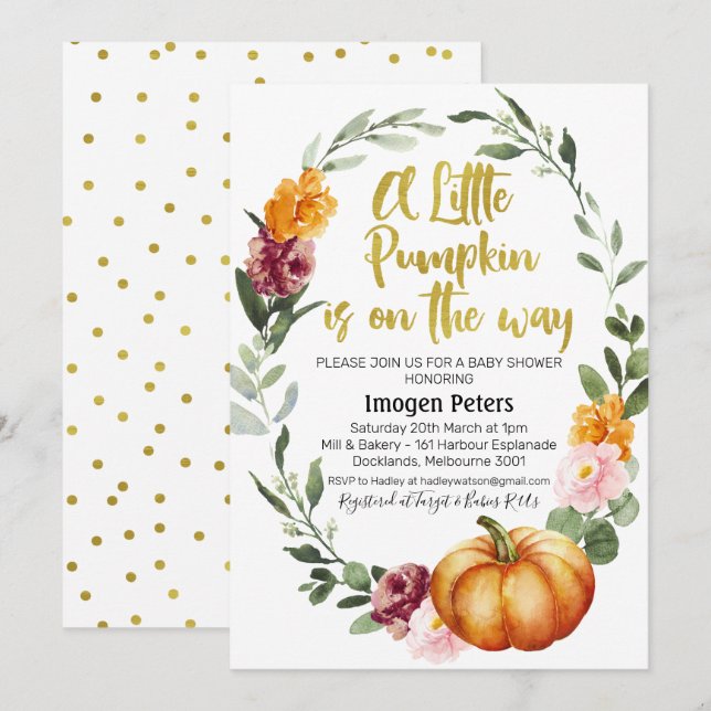 Invitación a la ducha de bebé florida de calabaza  (Anverso / Reverso)