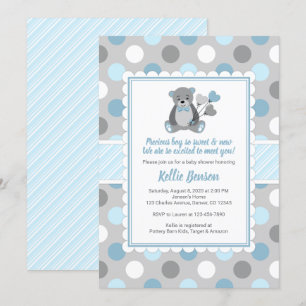 Invitación a la ducha de bebé gris azul del oso de