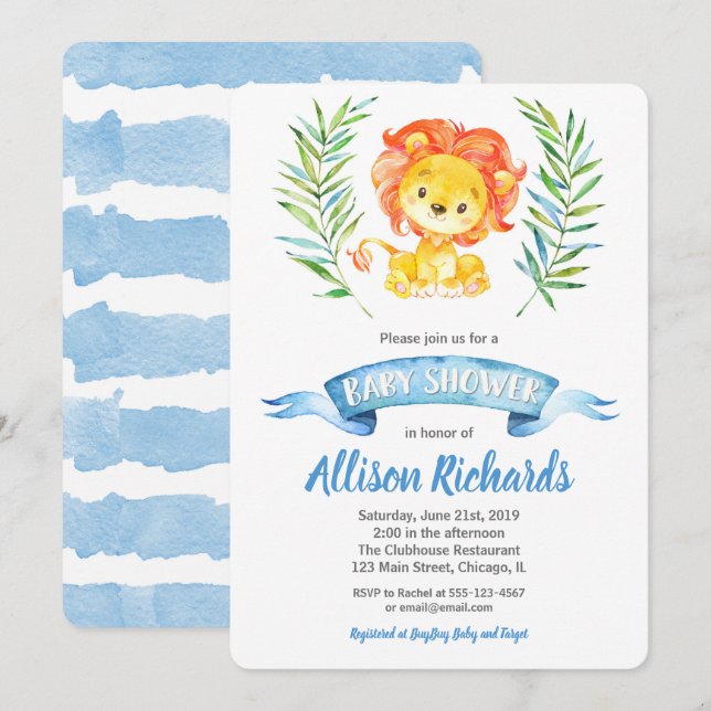 Invitación a la ducha de bebé león acuarela (Anverso / Reverso)