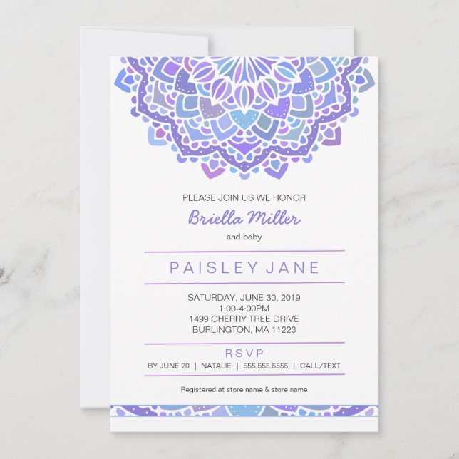 Invitación a la ducha de bebé Mandala, boho morado (Anverso)