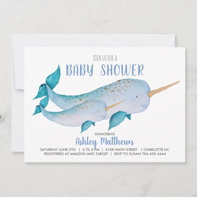 Invitación a la ducha de bebé Narwhal (Anverso)