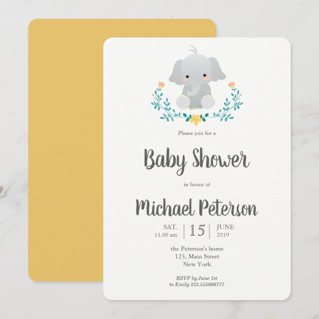 Invitación a la ducha de bebé neutra con elefante  (Anverso / Reverso)